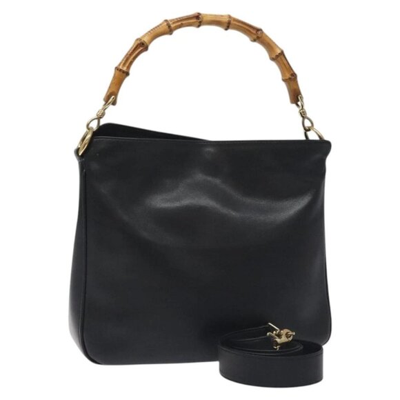 GUCCI Bamboo Hand Bag Leather 2way Black Gold - Picture 1 of 15